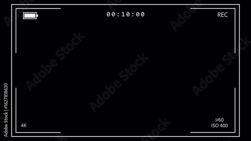 Video camera recorder screen overlay on a transparent background, 4K camcorder interface for video cameras with alpha channel, Camera recording screen interface with 15 second timer.