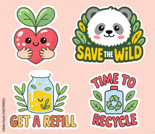 cute eco friendly panda recycle refill and heart nature sticker vector set