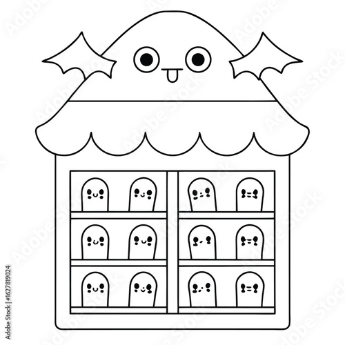 Whimsical cartoon ghost house with bat wings and tiny ghosts inside cute