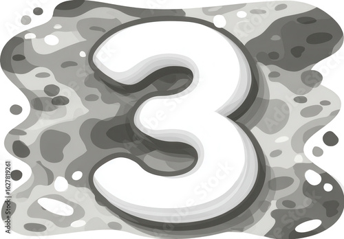 White number three on gray, blobby background