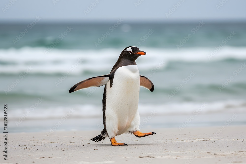 Naklejka premium wings outstretched and one leg raised. penguin has a black head, white belly,King Penguin Aptenodytes patagonicus Chicks in Creche in the rain.a Gentoo penguin standing on a sandy beach 