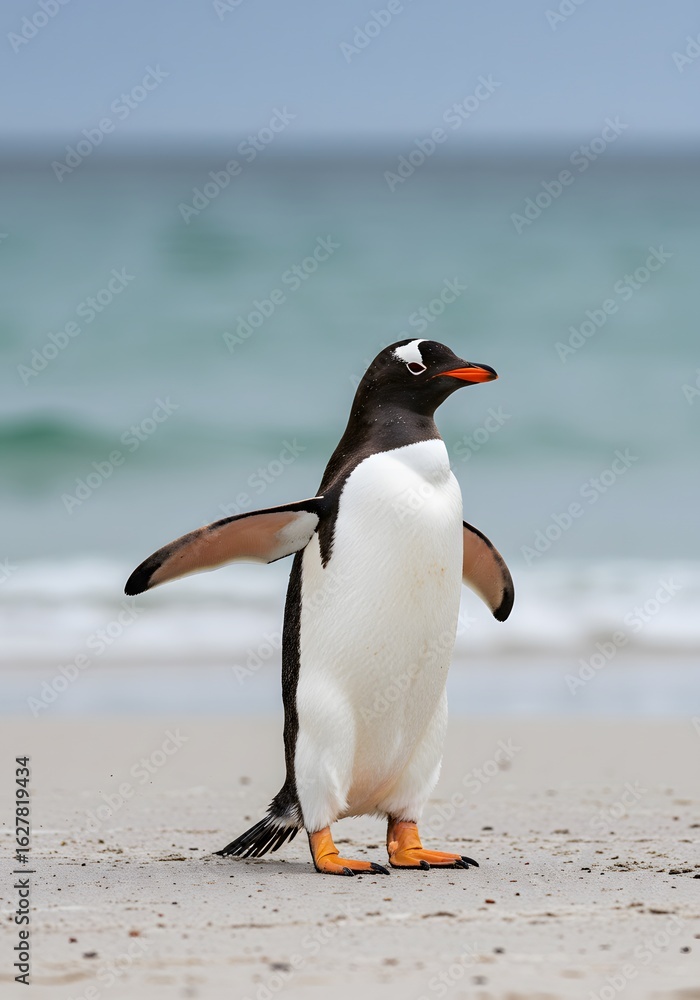Naklejka premium wings outstretched and one leg raised. penguin has a black head, white belly,King Penguin Aptenodytes patagonicus Chicks in Creche in the rain.a Gentoo penguin standing on a sandy beach 