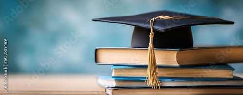 The graduation cap atop a stack of books symbolizing academic achievement and success.