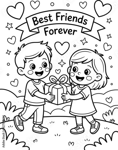 Two Children Exchanging a Gift with Best Friends Forever Banner