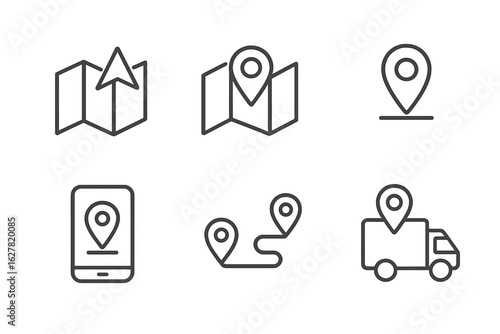 Map and location icons: navigation, route, delivery, mobile interface