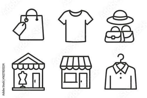 Fashion and retail icons: shopping bag, clothes, boutique, and storefronts