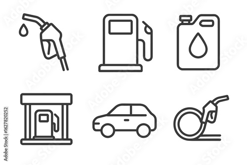Vector icons of fuel pump, gas station, fuel can, car, hose