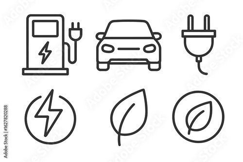 Electric vehicle icons: charging station, car, plug, energy, eco-friendly symbols