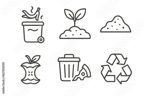 Composting icons: waste, plant, soil, apple, bin, recycling symbol