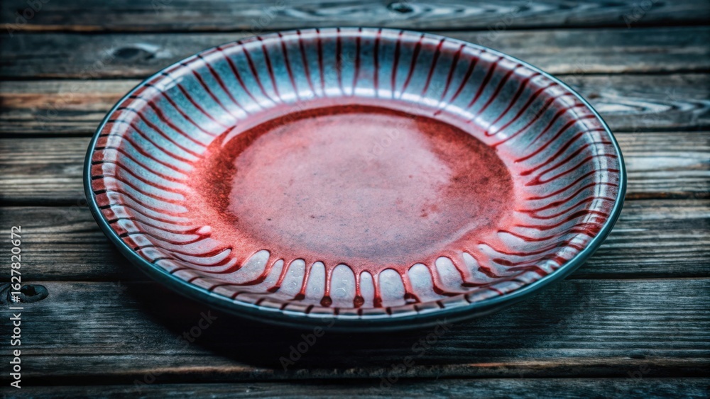 Ceramic plate with red glaze on wooden surface Ceramic plate with red glaze on wooden surface