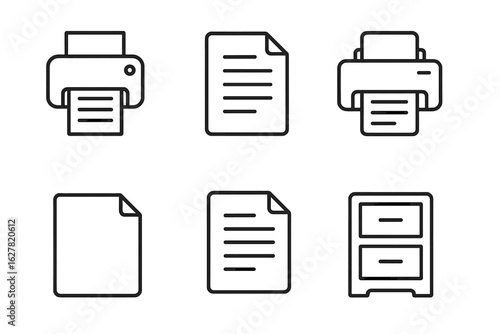 Outline icons of printer, documents, and filing cabinet