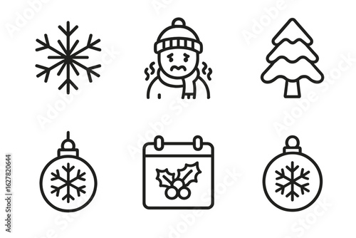 Cozy winter elements: snowflake, icon of shivering person, frosty tree, ornaments, holly calendar