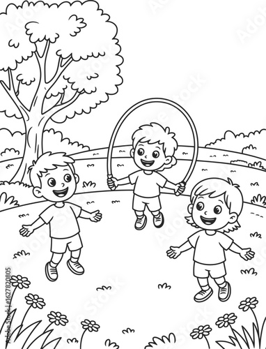 Children playing jump rope in a park kids