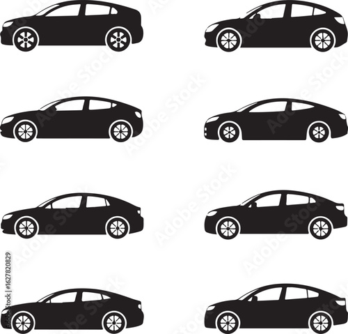 Collection of modern car silhouettes in black and white vector graphics showcasing vehicle design and automotive industry concepts for visual communication