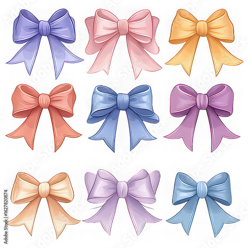 Nine Assorted Pastel Bows in a Grid on Transparent Background ribbon satin