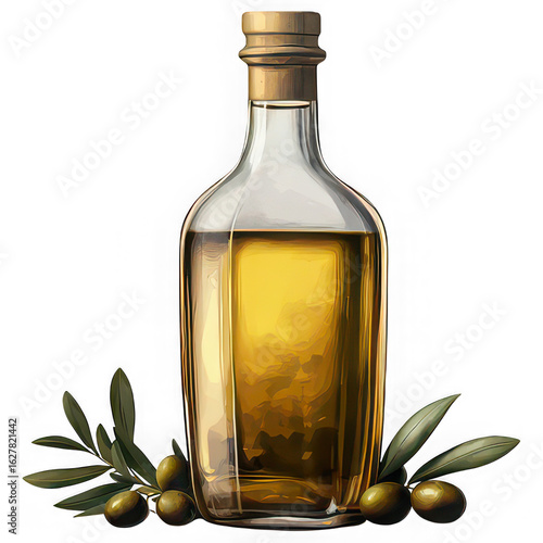 Transparent bottle of rich olive oil with olives and leaves on transparent background extra virgin