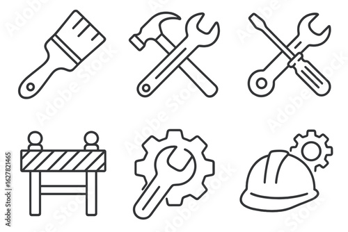 Set of construction icons: tools, helmet, barrier, cogs