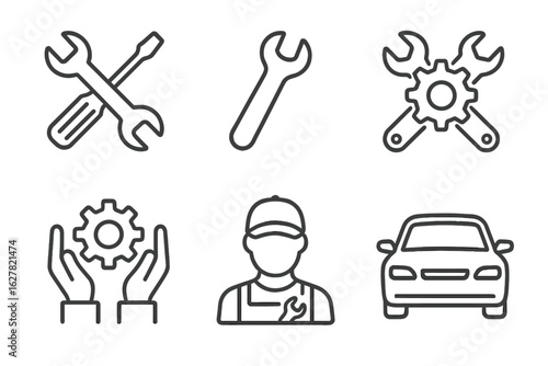 Mechanic tools and symbols including wrench, gear, and male mechanic outline