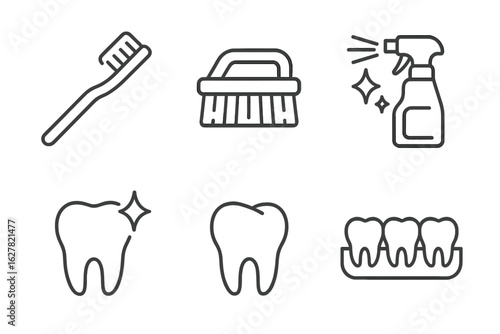 Essential dental care and cleaning tools icons set