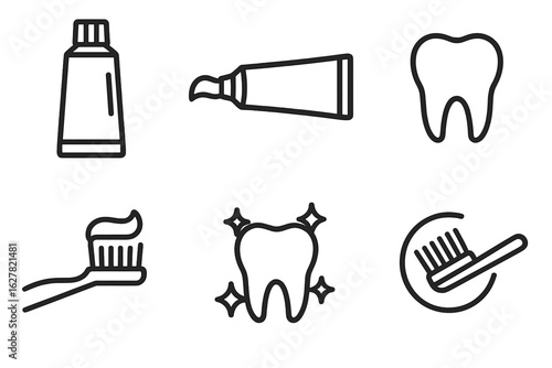 Dental hygiene icons: toothpaste and toothbrush line art collection