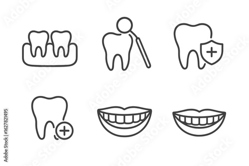 Dental care icons set: tooth, gum, shield, checkup, smile symbols in minimalist style