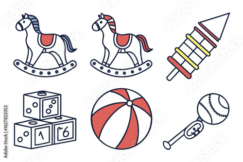 Collection of vintage toys including rocking horses, blocks, ball, rocket, and rattle