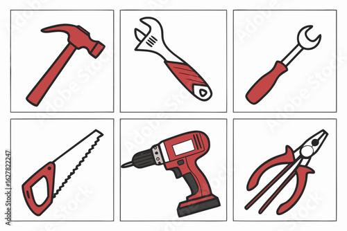 Collection of common hand and power tools isolated on white background