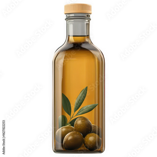 Glass bottle of golden olive oil with olives and leaves inside on transparent background extra virgin