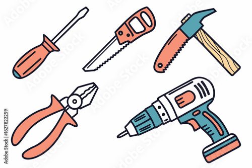 Collection of various hand tools and power tools isolated on white background