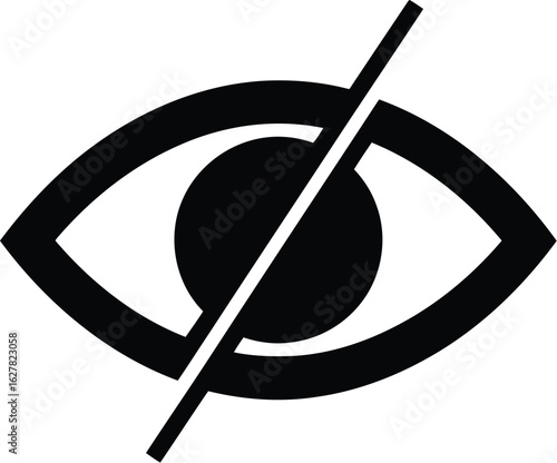 Vector illustration of eye with a slash through it isolated on white background, representing privacy and invisibility