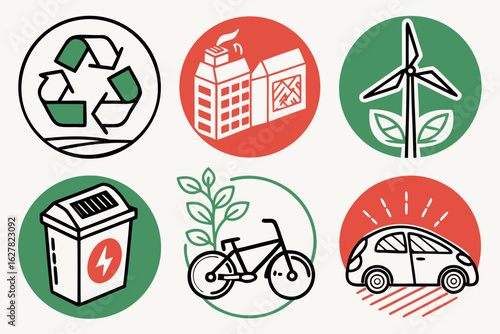 Set of ecofriendly icons including recycling, solar, wind, and transport