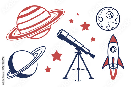 Space exploration icons planets, stars, telescope, and rocket isolated on white background
