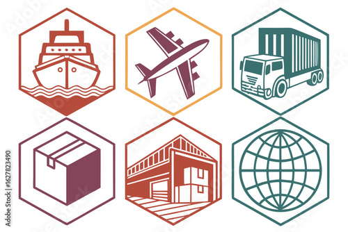 Set of icons representing different modes of transport and logistics