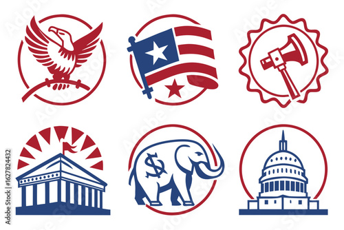 Set of american political and patriotic symbols isolated on white background