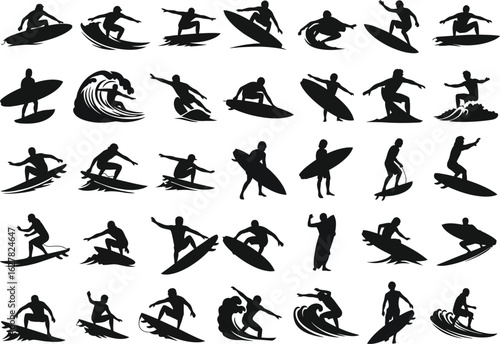 Collection of dynamic surfing silhouettes capturing the thrill of ocean waves and athleticism
