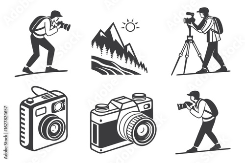 Photographer with camera and tripod in mountain landscape