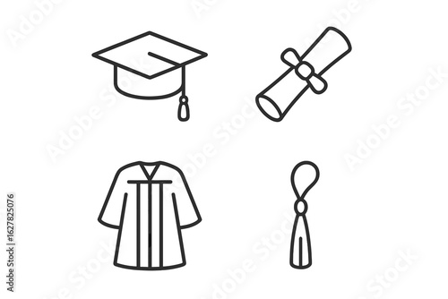 Graduation icons set: cap, diploma, gown, tassel