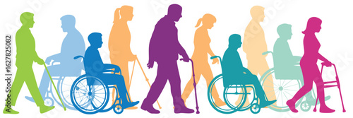 Colorful Silhouettes of Diverse Individuals with Disabilities Walking and Using Mobility Aids on White Background