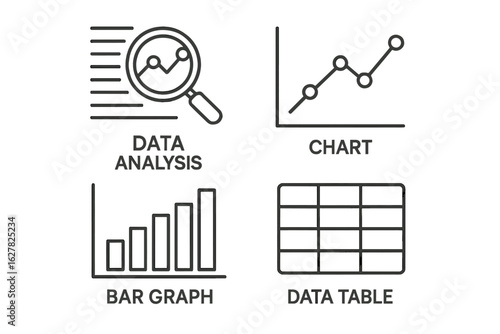 Data analysis concepts: chart, bar graph, data table icons with magnifying glass