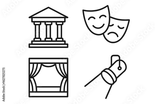 Theater symbols: masks, stage, spotlight, and parthenon line art