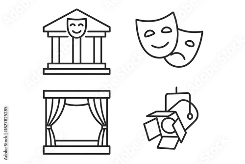 Theater elements: masks, stage, and spotlight icon set