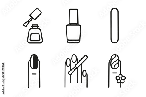 Nail care icons: polish, file, manicure tools in minimalist line art