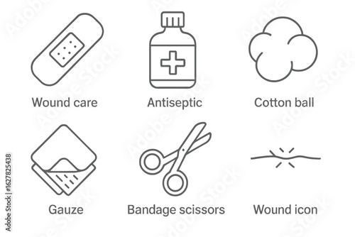 Medical supplies icons: bandage, antiseptic, cotton ball, gauze, scissors, wound