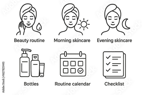 Skincare routine icons for morning and evening with beauty checklist and product bottles
