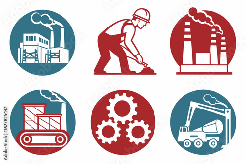 Set of industrial icons representing factory, worker, and machinery