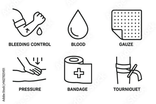 Bleeding control elements: blood, gauze, pressure, bandage, tourniquet