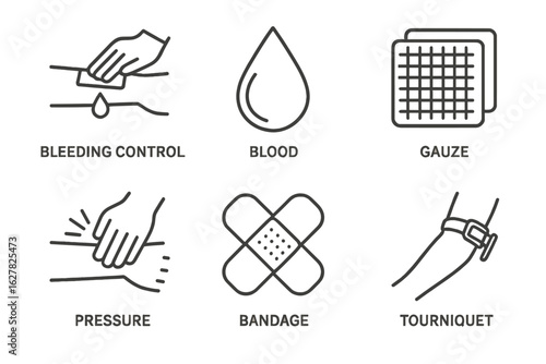 First aid basics: bleeding control, blood, gauze, pressure, bandage, tourniquet