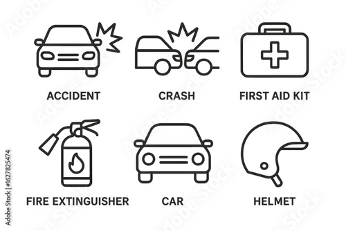 Icon set of road safety symbols: accident, crash, first aid kit, fire extinguisher, car, helmet