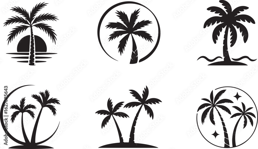 Naklejka premium Black Silhouette Palm Trees Tropical Vacation Icon Set