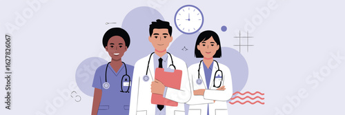 Diverse Medical Team Doctor Holding Clipboard, Nurse in Scrubs, and Doctor with Crossed Arms